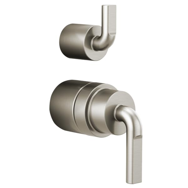 Brushed nickel pressure balance valve with notch lever handle and integrated diverter trim in two configurations.