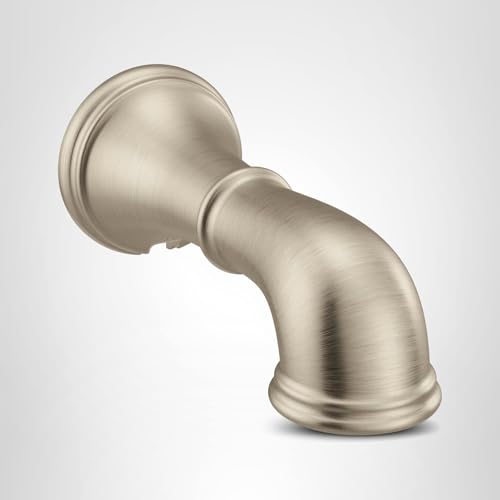 Brushed nickel curved tub spout with slip fit connection and decorative collar.