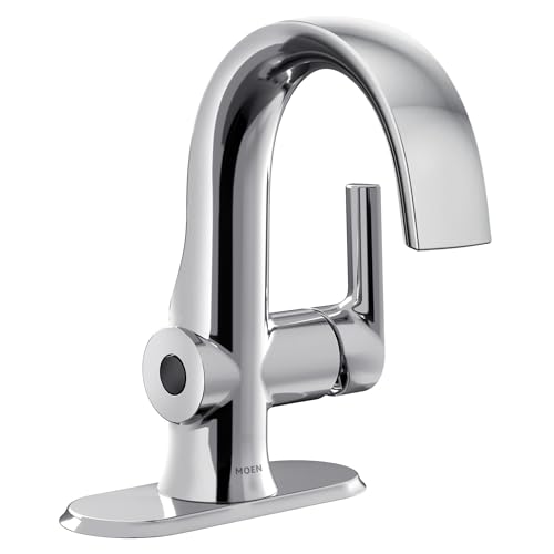 Chrome single-handle bathroom sink faucet with curved spout and motion sensor activation.