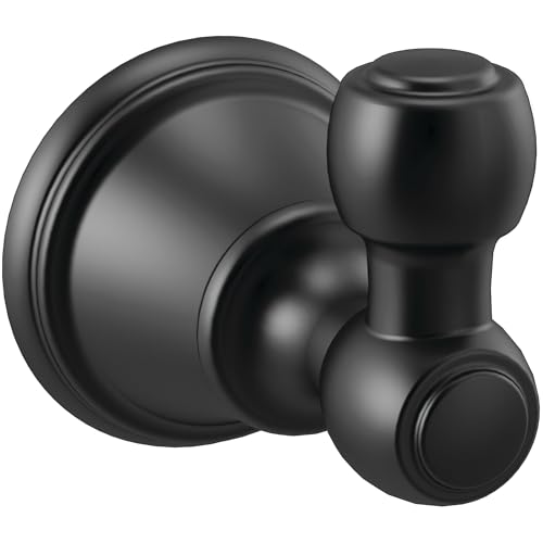 Black metal robe hook with dual hooks extending from a circular backing plate.