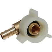 Brass and plastic swivel elbow connector with 1/2" PEX crimp inlet and 1/2" NPSM threaded outlet.