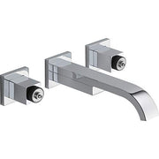 Chrome wall-mount lavatory faucet with curved spout and two square-shaped side controls.