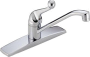 Chrome single handle kitchen faucet with lever handle and curved spout on wide base.