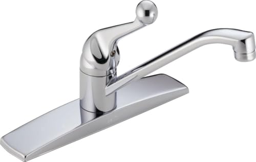 Chrome single handle kitchen faucet with lever handle and curved spout on wide base.