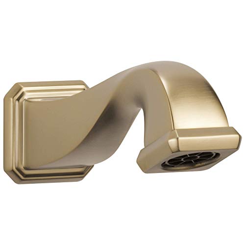 Luxe gold tub spout with curved diverter spout and square wall mount escutcheon.