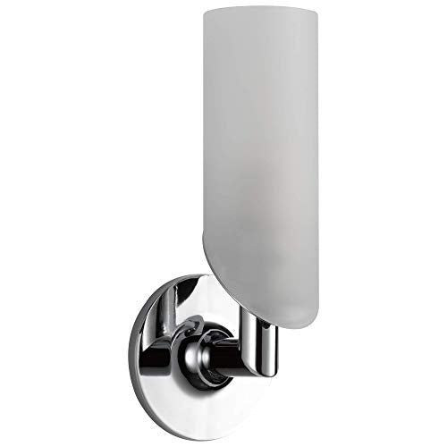 Chrome wall sconce with cylindrical frosted glass shade and round mounting plate.