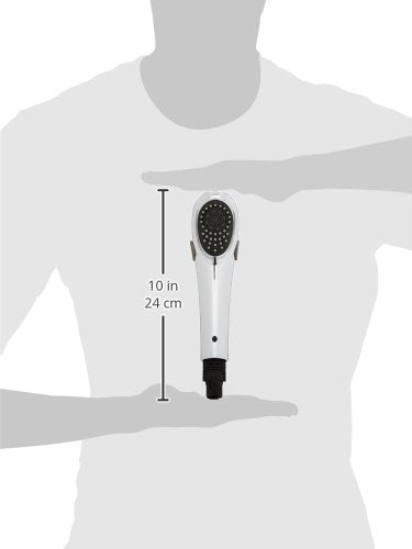 Chrome pull-out faucet wand assembly with handheld showerhead, 10 inches long, displayed against scale reference.