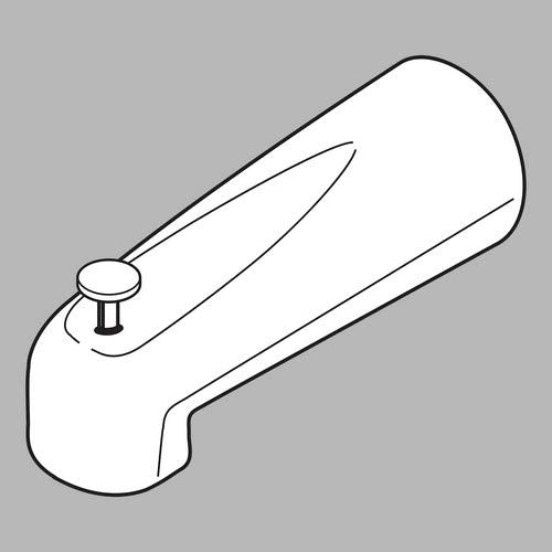 Polished brass tub spout with pull-up diverter and elongated curved body.