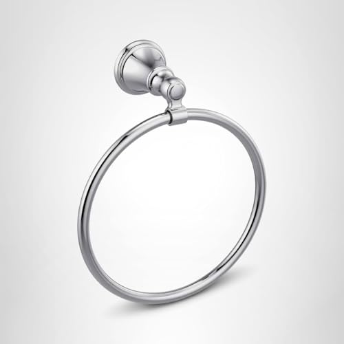 Chrome circular towel ring mounted on round backplate with decorative knob connector.