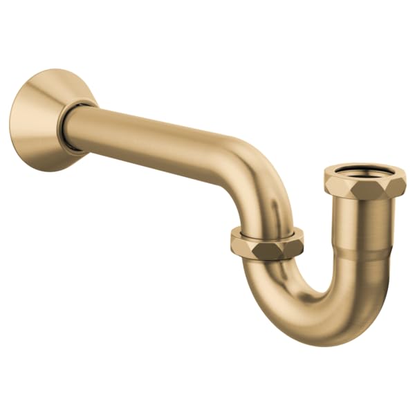 Champagne bronze P-trap with flange and adjustable slip nuts for under-sink drainage installation.