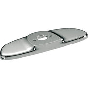 Chrome 4-inch centerset coverplate with dual oval escutcheons and center hole for faucet installation.