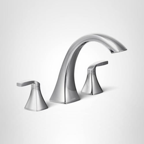 Chrome two-handle roman tub faucet with arched spout and cone-shaped handles on white background.