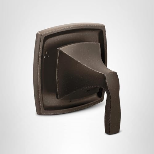 Oil rubbed bronze curved shower valve trim with single lever handle and recessed square escutcheon plate.