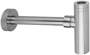Black nickel decorative round lavatory sink trap with knurled grip and wall outlet connection.