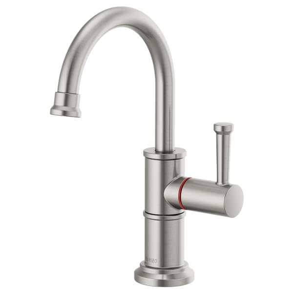 Stainless steel instant hot faucet with curved spout, single lever handle, and red temperature indicator band.