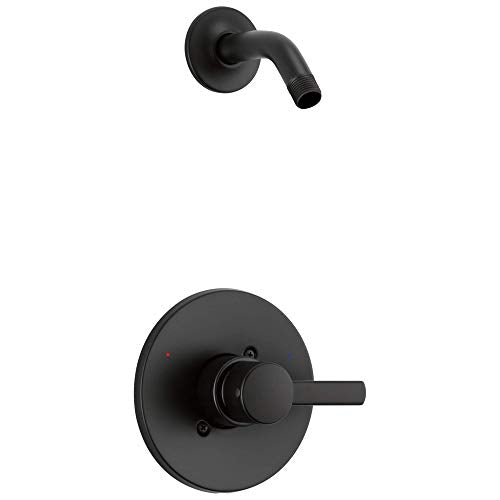 Matte black shower trim kit with circular wall plate, lever handle, and curved shower arm with angled outlet.