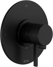 Matte black circular thermostatic shower valve trim with single lever handle and temperature/pressure balance controls.