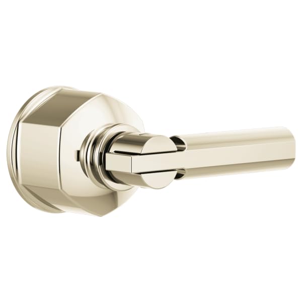 Polished nickel lever handle with round trim ring and mounting hardware for pressure balance valve.