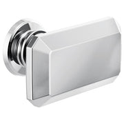 Chrome and black drawer knob with rectangular handle and circular mounting plate.