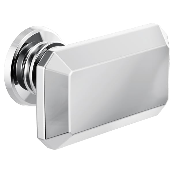 Chrome and black drawer knob with rectangular handle and circular mounting plate.