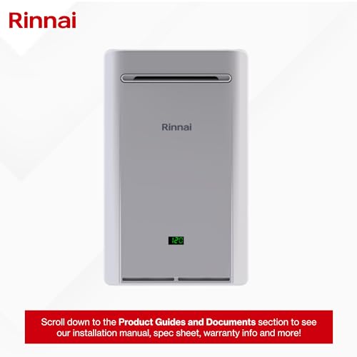 Silver rectangular Rinnai tankless water heater with digital display and horizontal slot vent at top.