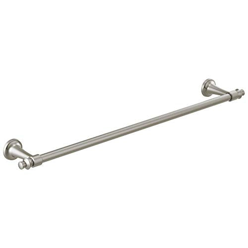 Brushed nickel towel bar with circular wall-mounted flanges at each end.
