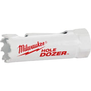 Milwaukee HOLE DOZER bi-metal hole saw with serrated cutting edges and white plastic body, 9/16 inch diameter.