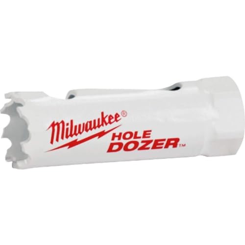 Milwaukee HOLE DOZER bi-metal hole saw with serrated cutting edges and white plastic body, 9/16 inch diameter.