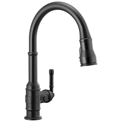 Black single-handle kitchen faucet with high arched spout and pull-down spray head.