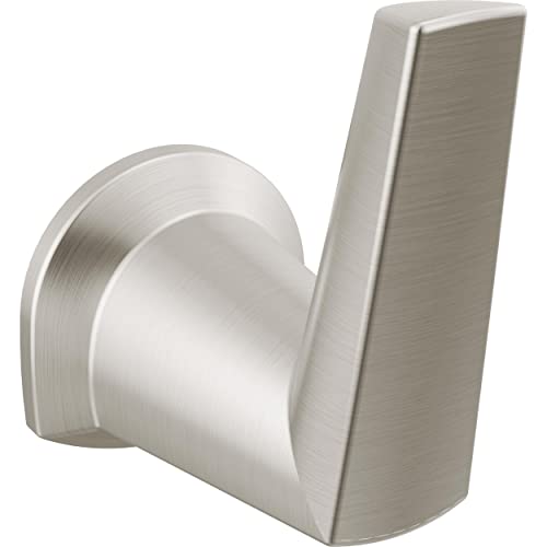 Brushed nickel robe hook with curved cylindrical hook and rectangular mounting plate.