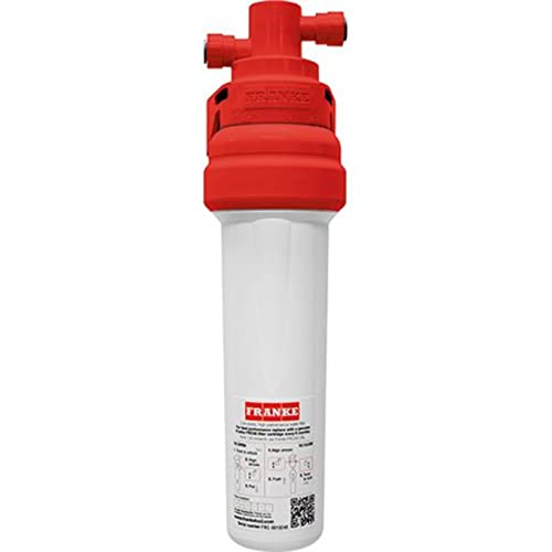 Red and white Franke filter canister with threaded inlet and outlet ports on top.
