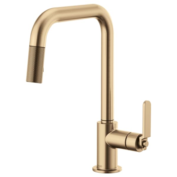 Champagne bronze pull-down faucet with squared spout, textured handle, and retractable spray head.