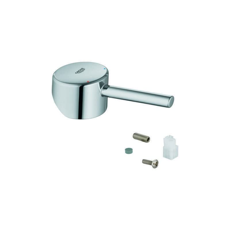 Chrome lever handle with cylindrical body and mounting hardware components below.