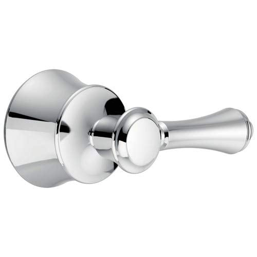 Chrome metal lever handle kit with cylindrical escutcheon plates and tapered spout for faucet assembly.