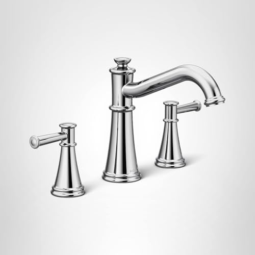 Chrome two-handle deck-mounted roman tub faucet with curved spout and tapered cone bases.