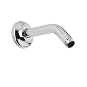 Polished chrome wall-mounted shower arm with circular mounting flange and angled outlet.