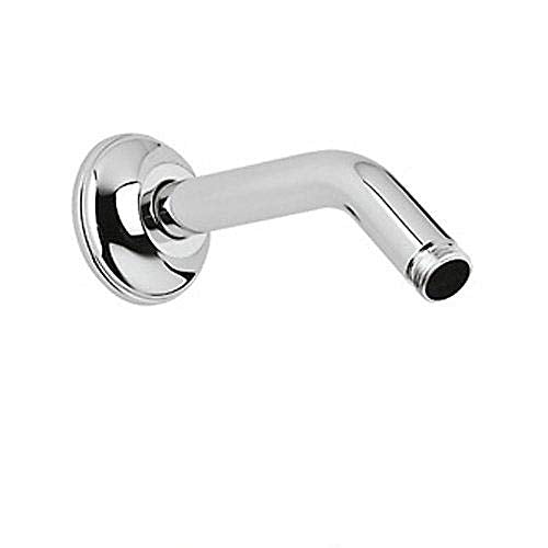 Polished chrome wall-mounted shower arm with circular mounting flange and angled outlet.