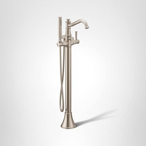Brushed nickel freestanding tub filler with single handle, curved spout, and detachable handshower.