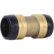 Brass push-to-connect coupling fitting with black grip rings on each end and shark logo on center body.