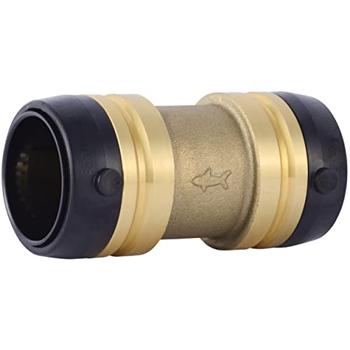 Brass push-to-connect coupling fitting with black grip rings on each end and shark logo on center body.