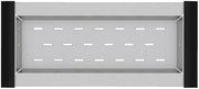 Stainless steel colander with rectangular shape and multiple drainage holes arranged in rows.