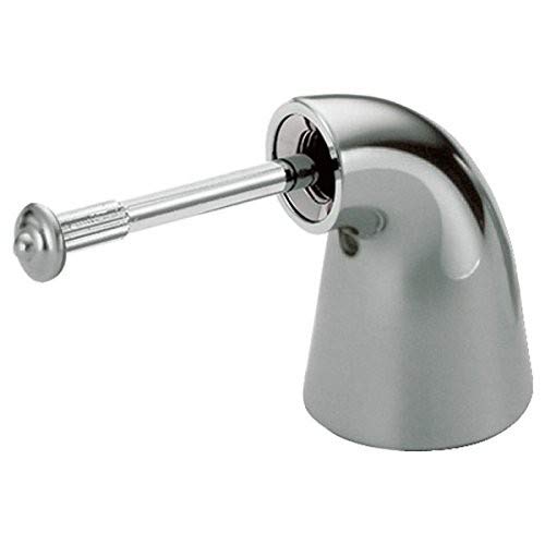 Chrome metal lever handle set with vertical mount and grooved horizontal rod.