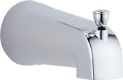 Chrome tub spout with pull-up diverter and rounded spout opening for bathtub installation.