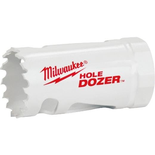 Milwaukee Hole Dozer bi-metal hole saw with serrated cutting edge and white cylindrical body.