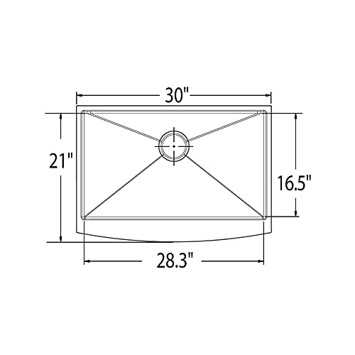 Stainless steel undermount farmhouse sink with single bowl, curved apron front, and center drain, 30 inches wide by 21 inches