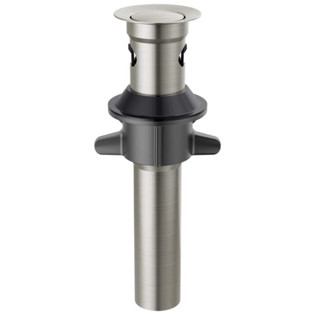 Stainless steel push pop drain with black rubber overflow collar and dual lever handles.