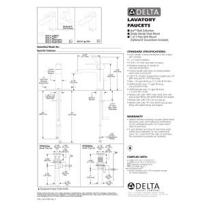 Delta Ara bathroom faucet installation and specification documentation with technical diagrams and warranty information.