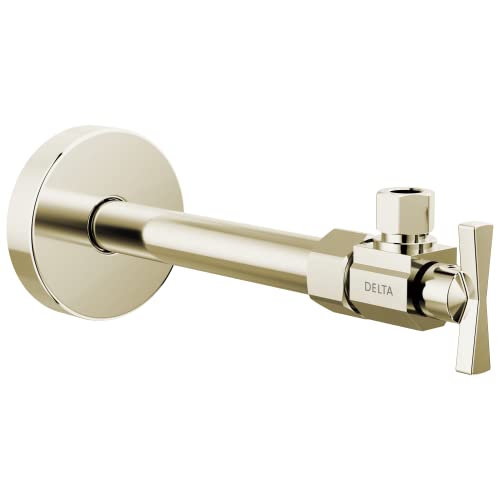 Brushed nickel angled supply stop valve with square lever handle and wall-mounted round escutcheon.