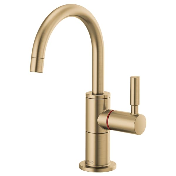 Champagne bronze instant hot faucet with high curved arc spout and side lever handle.