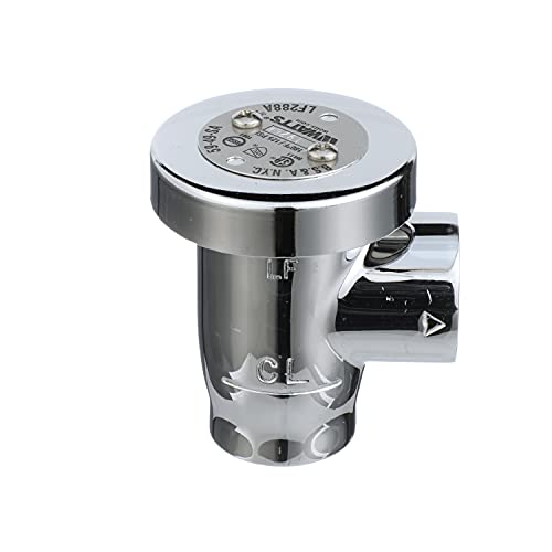 Chrome vacuum breaker with 3/4 inch connection port and black lever handle on cylindrical metal body.